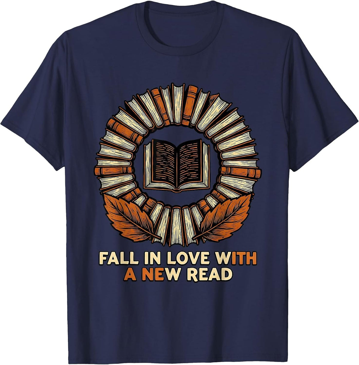 Men's Fall In Love With A New Read Linocut Autumn Teacher Book T-Shirt - Navy Blue