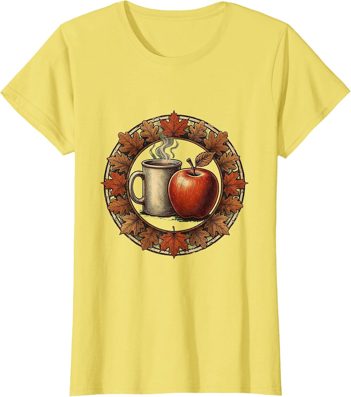 Women's Teacher Fall Steaming Mug and Apple Illustration T-Shirt - Lemon Yellow