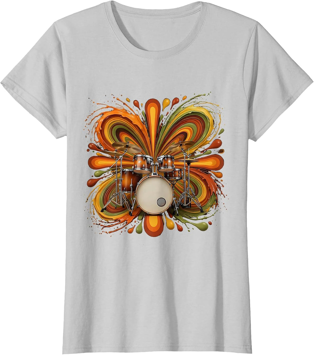 Exploding Drum Kit Colorful Paint Splatter Art T-Shirt - Silver Grey