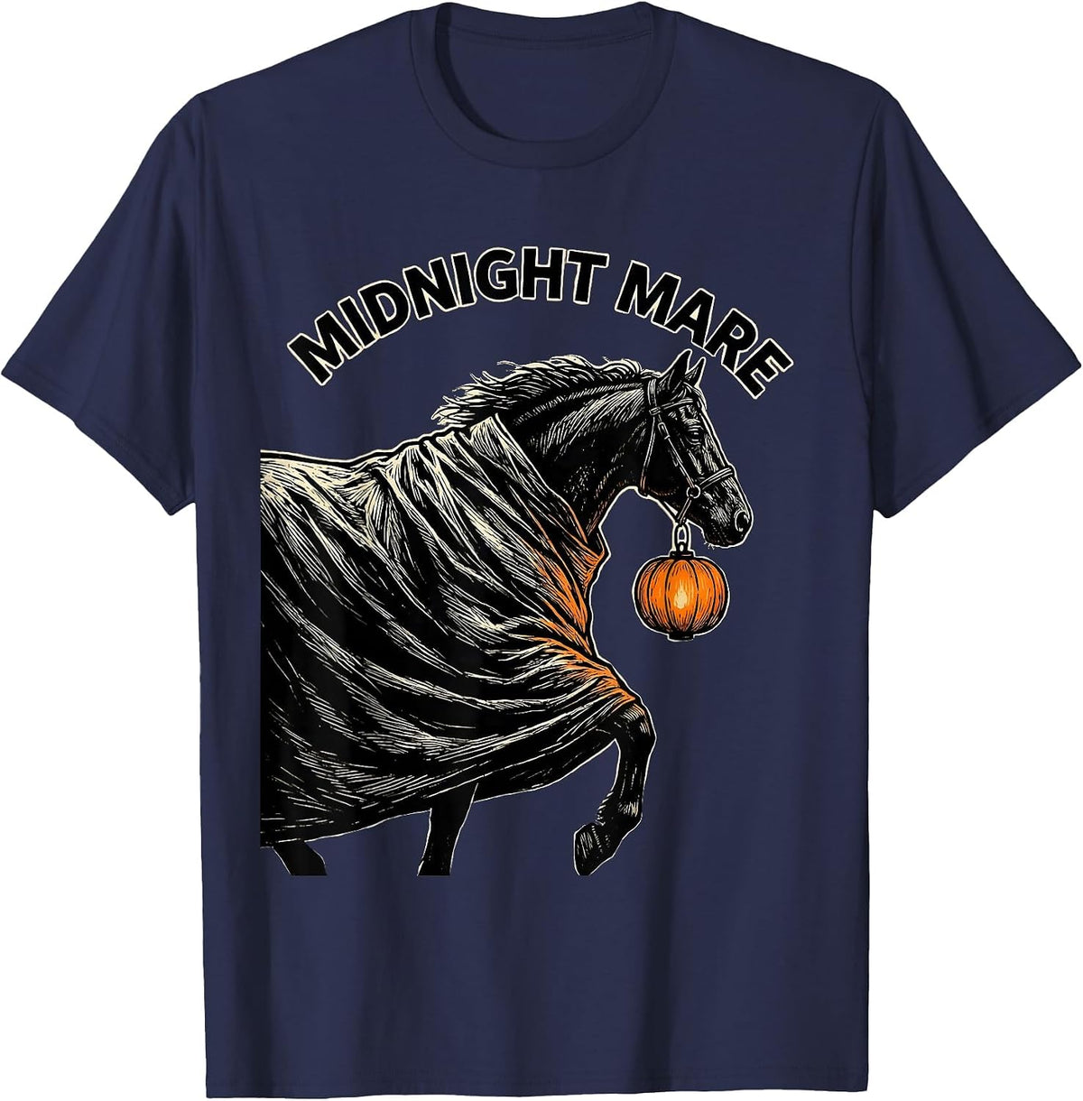 Midnight Mare Linocut Spooky Horse Halloween Equestrian Gift T-Shirt - Navy Blue