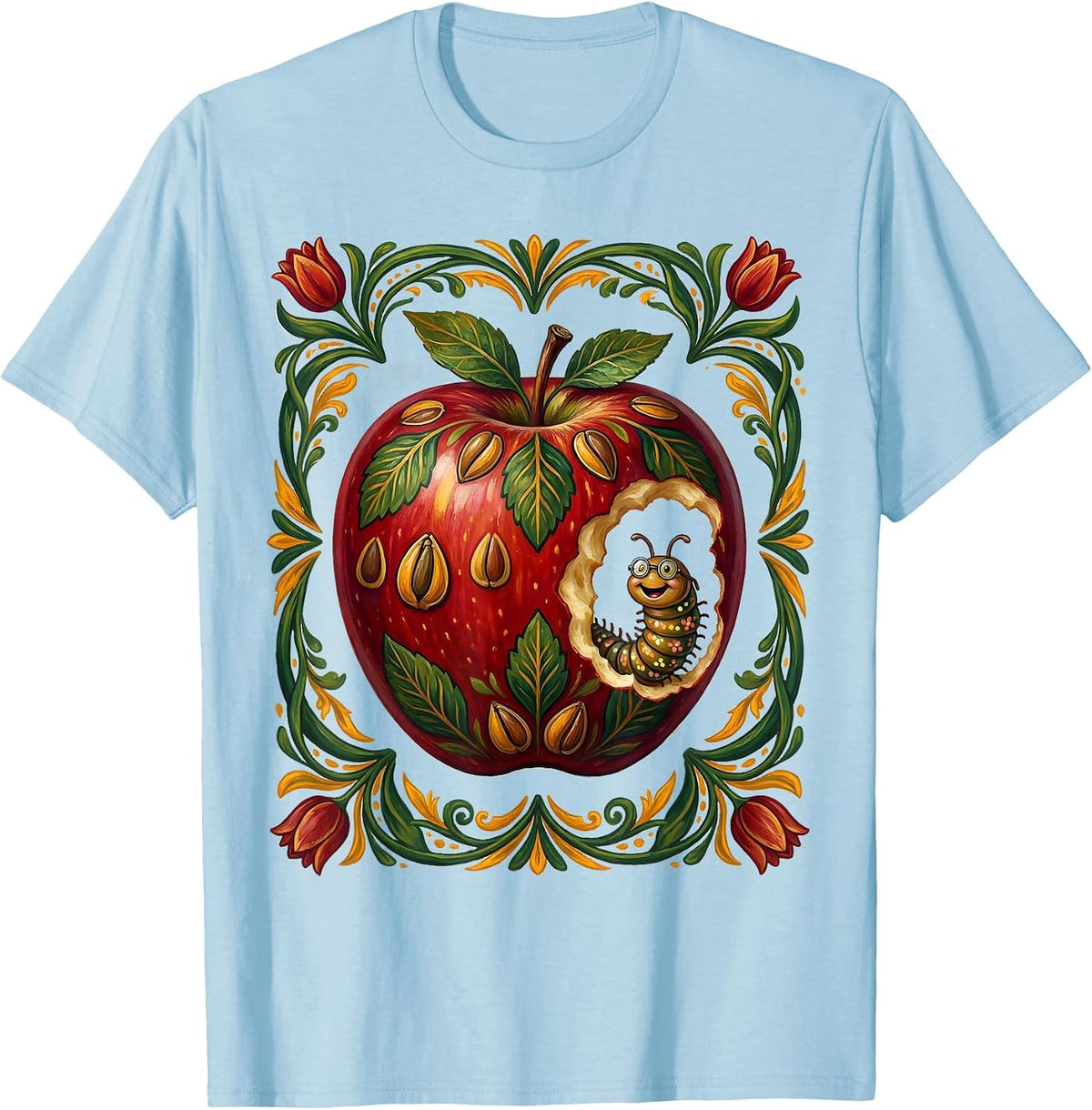 Men's Apple Teacher Bookworm Graphic Design T-Shirt - Baby Blue