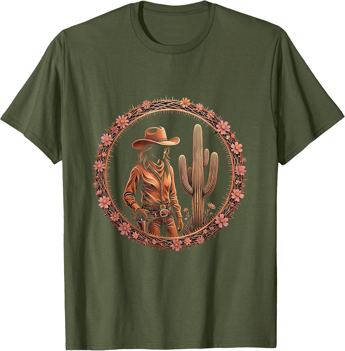 White Cowgirl Tipping Hat by Saguaro Cactus T-Shirt - Olive Green