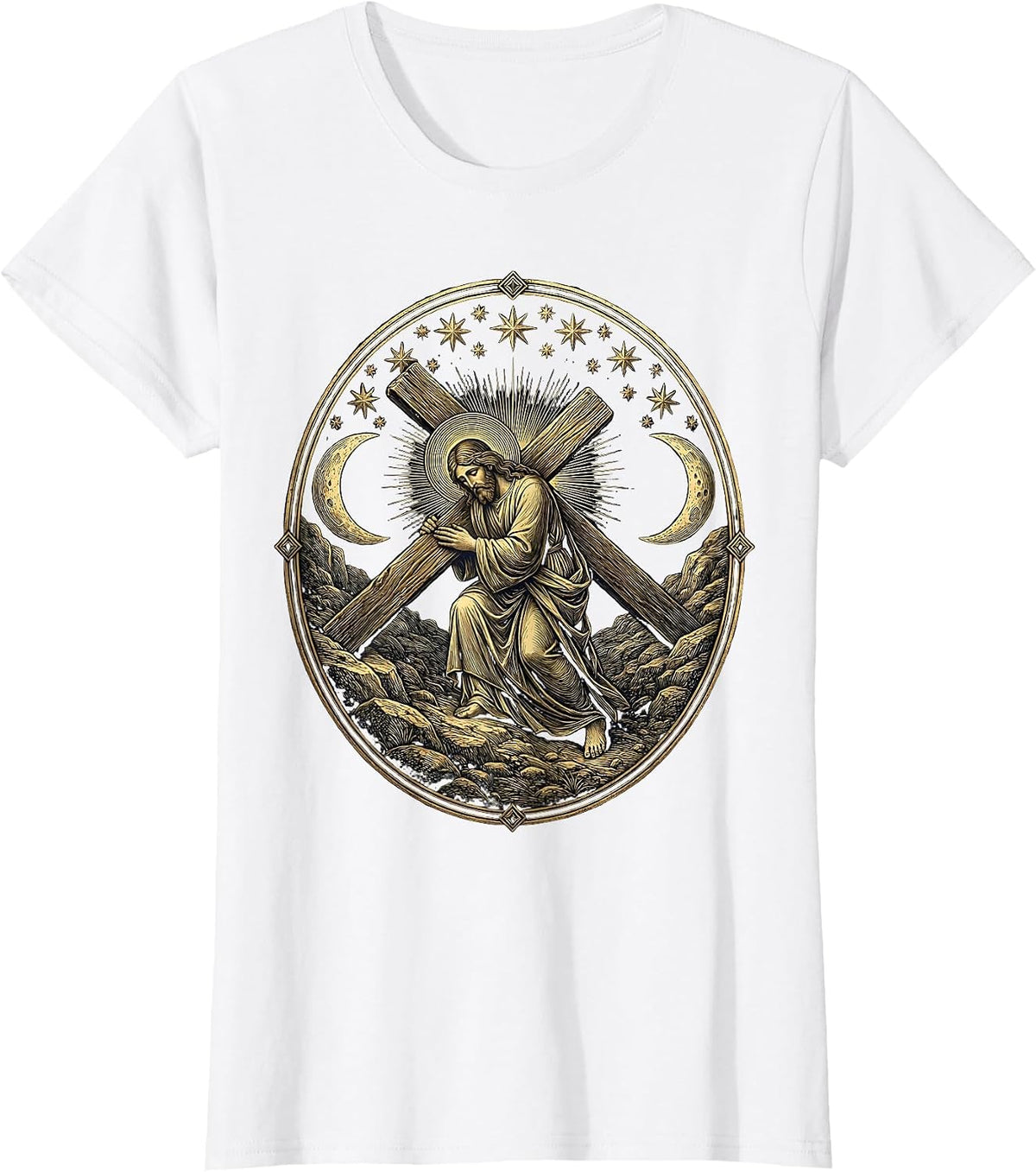 Bearded Jesus Carrying the Cross Uphill T-Shirt - White