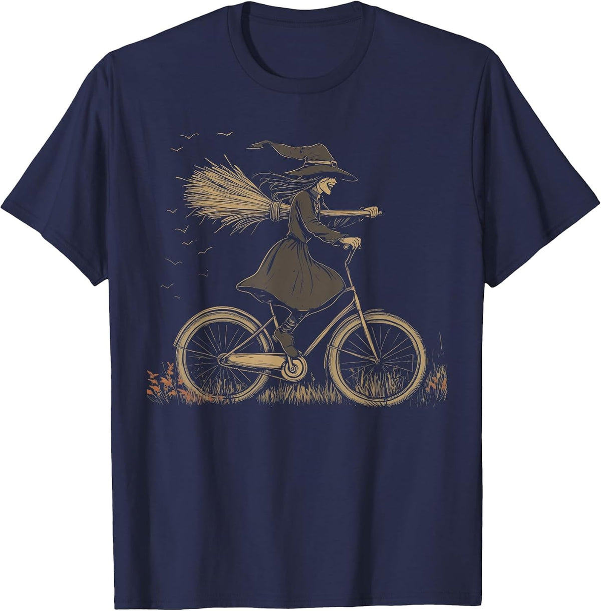 Vintage Spooky Witch Riding Bicycle Cycing Biking Halloween T-Shirt - Navy Blue