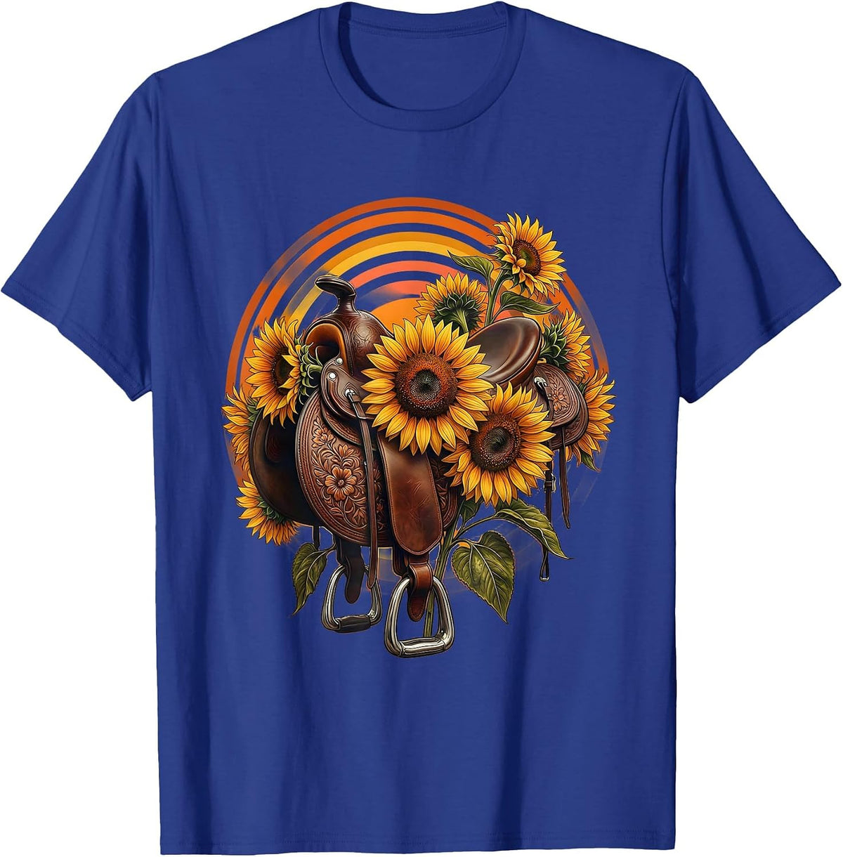 Western Saddle Sunflower Floral Illustration T-Shirt - Royal Blue