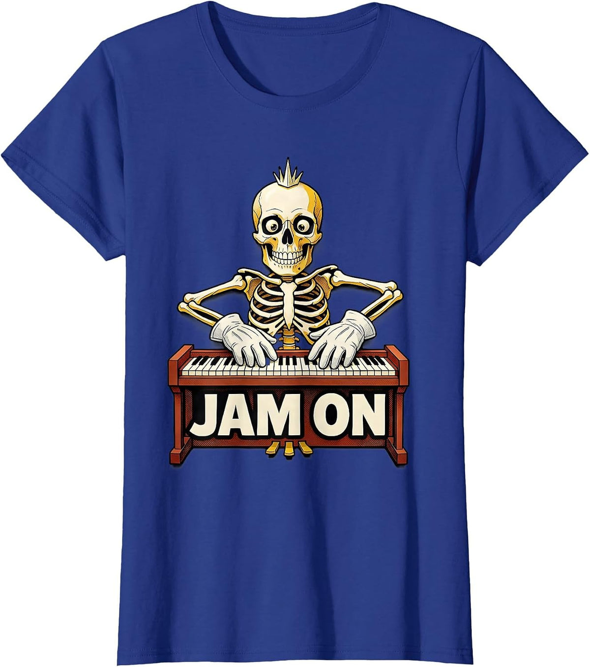 Women's Jam On Retro Cartoon Punk Rock Skeleton Skull Halloween T-Shirt - Royal Blue