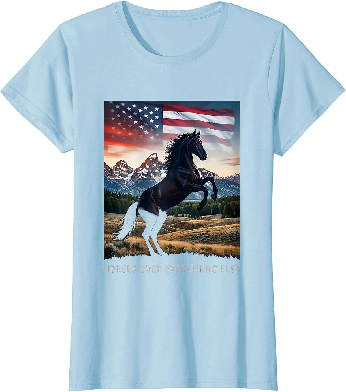 Horses Over Everything Cowgirl Graphic Design T-Shirt - Baby Blue