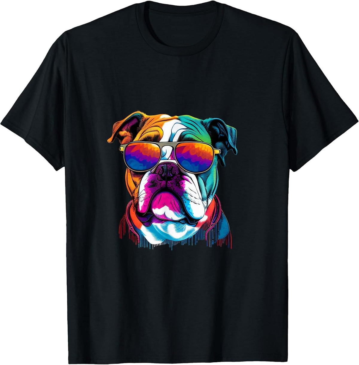 Funny Multicolor English Bulldog Face T-Shirt - Black