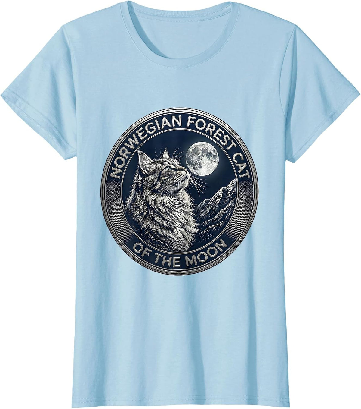 Norwegian Forest Cat Of The Moon Crosshatch Etching Retro T-Shirt - Baby Blue
