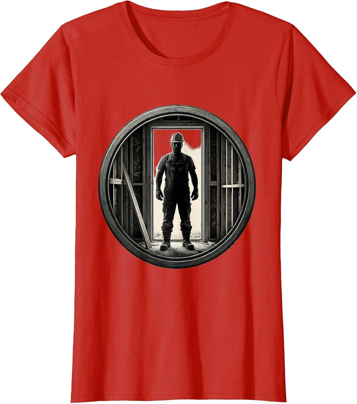 Construction Worker Unfinished Doorway Illustration T-Shirt - Red