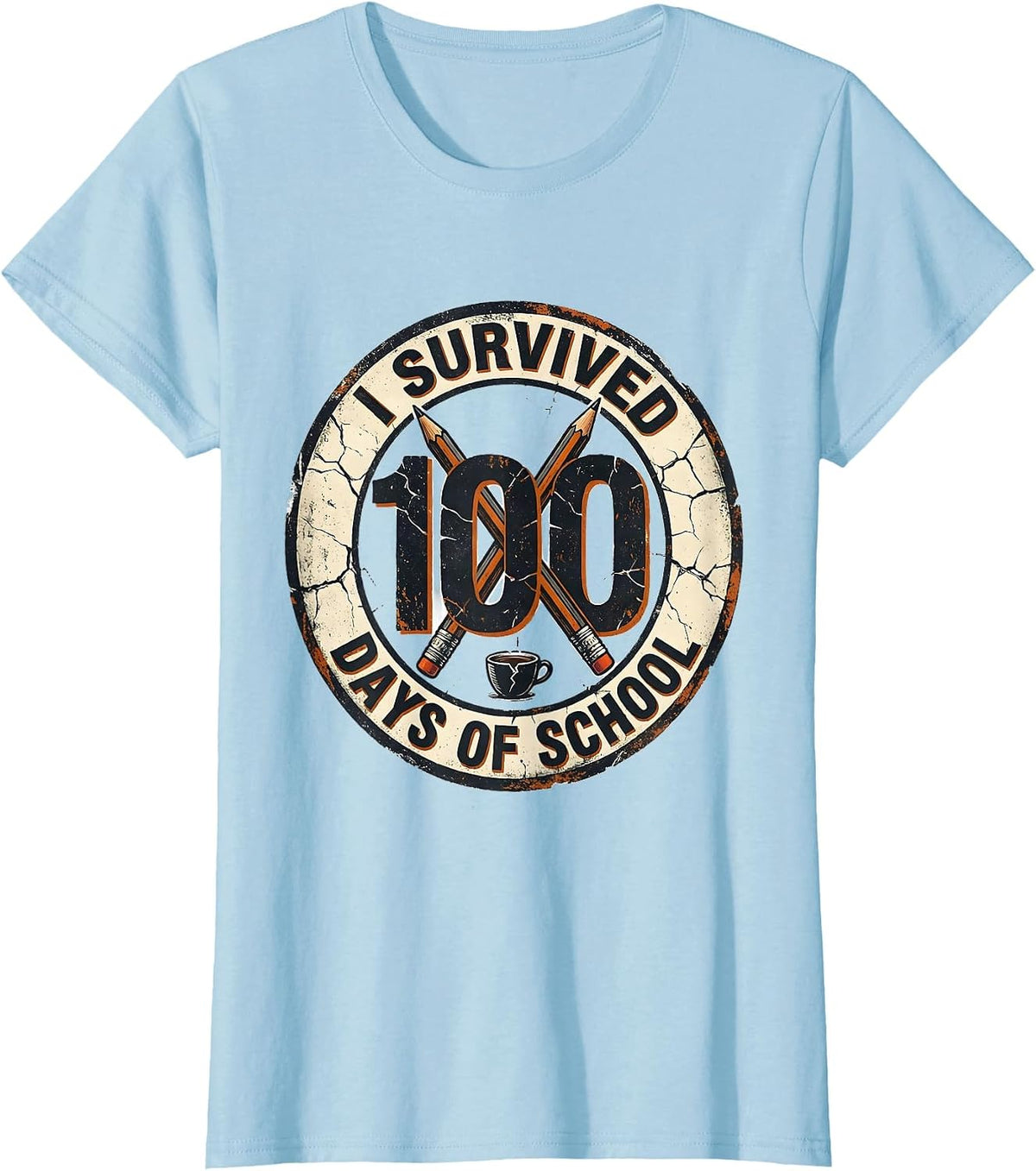 Women's I Survived 100 Days Of School Distressed Teacher Humor T-Shirt - Baby Blue