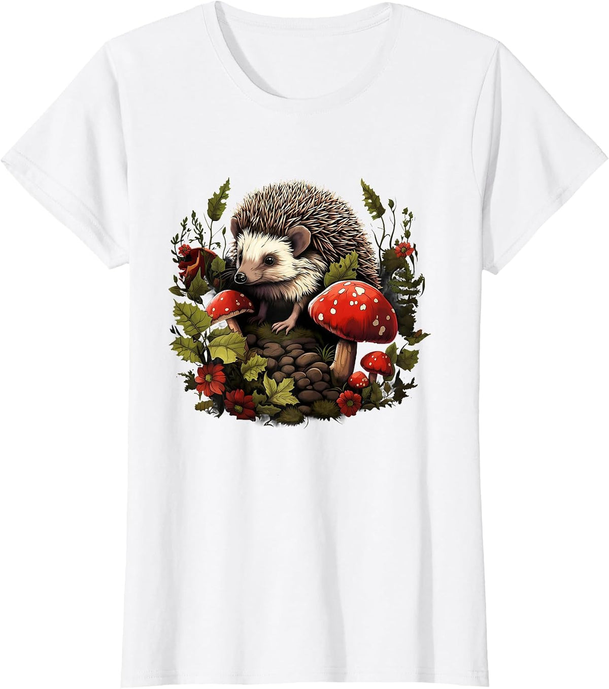 Hedgehog Landscape Animal Art Forest Wildlife Floral Artwork T-Shirt - White