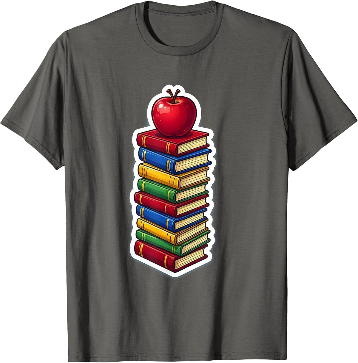 Teacher Book Stack Reaching the Sky Graphic T-Shirt - Asphalt Grey