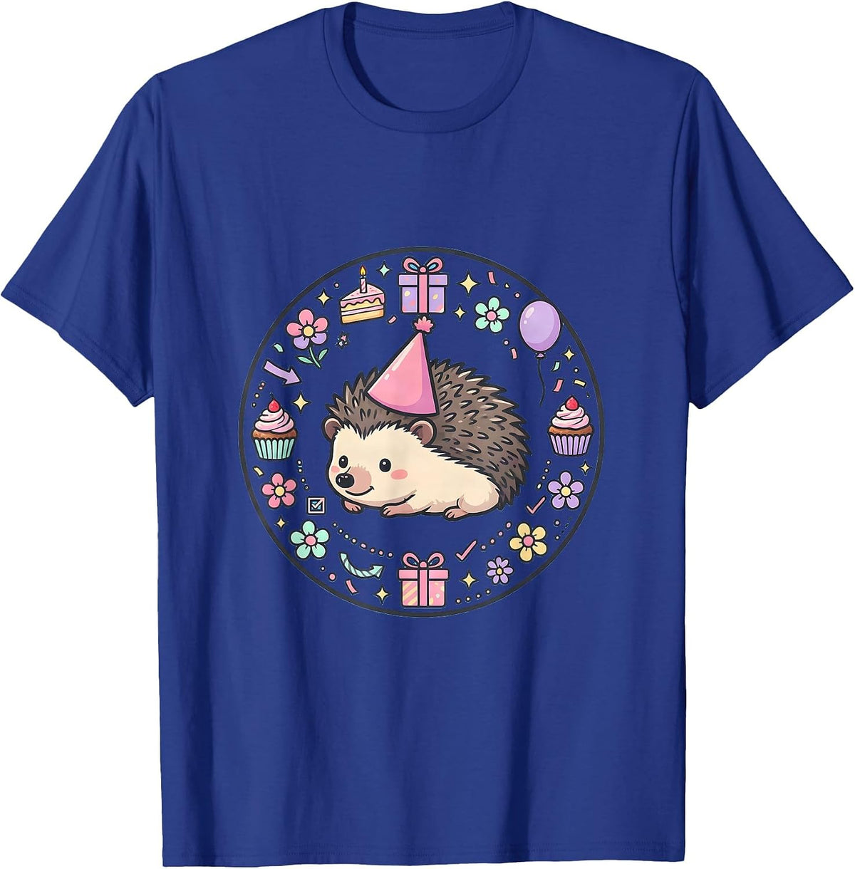 Cute Hedgehog Birthday Party Hat Graphic T-Shirt - Royal Blue