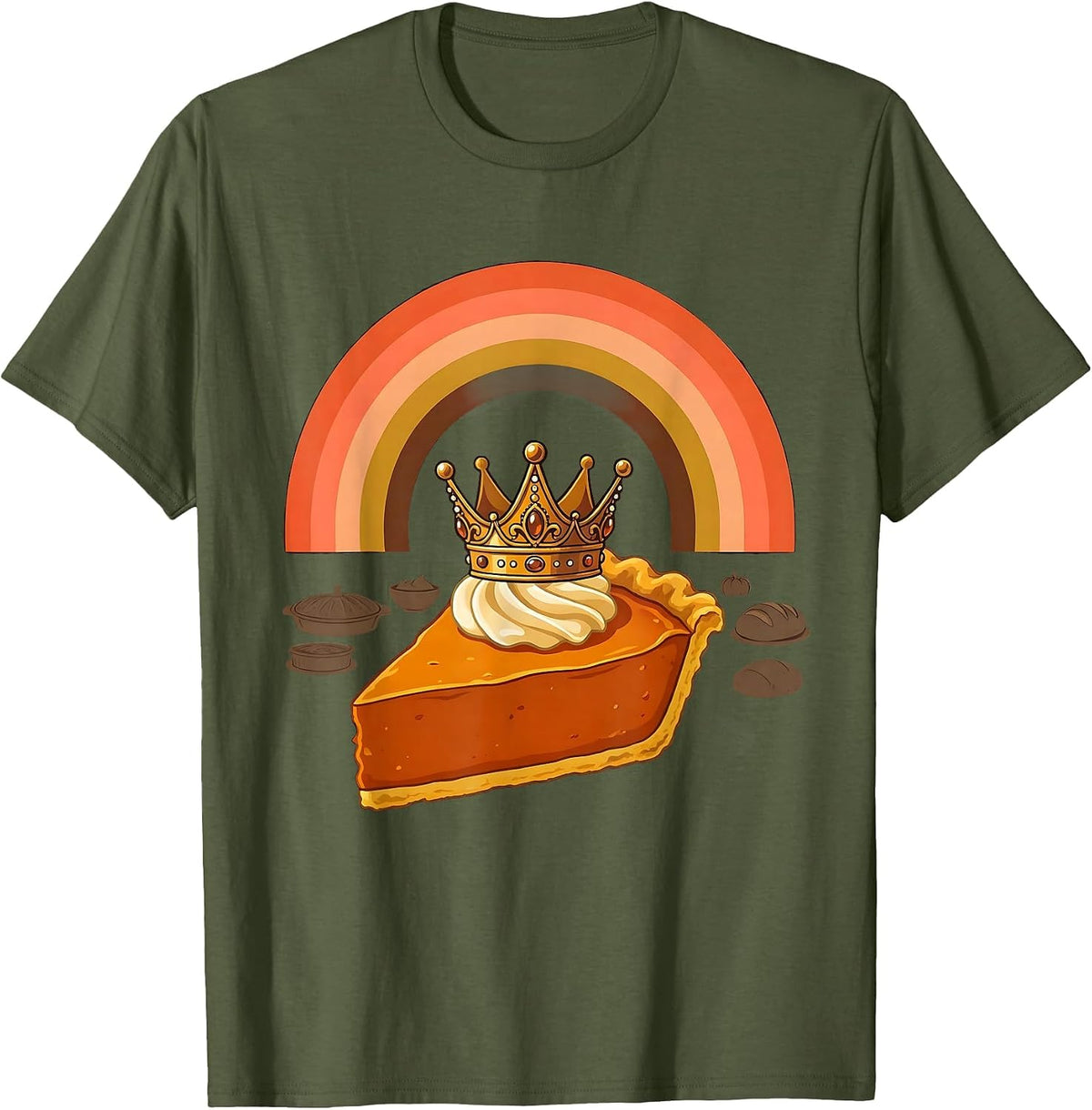 Crowned Pumpkin Pie Retro 70s Thanksgiving Humor T-Shirt - Olive Green