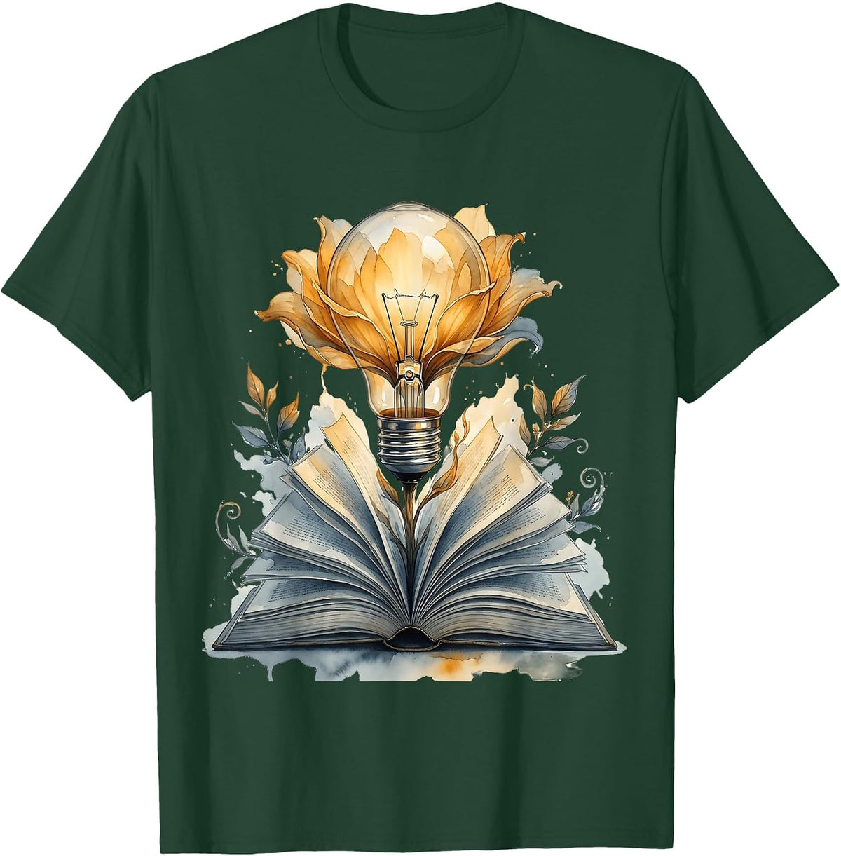 Reading Teacher Lightbulb Book Bloom Illustration T-Shirt - Dark Green