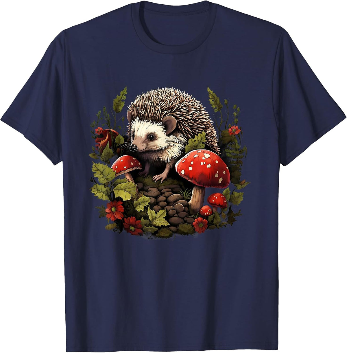 Hedgehog Landscape Animal Art Forest Wildlife Floral Artwork T-Shirt - Navy Blue