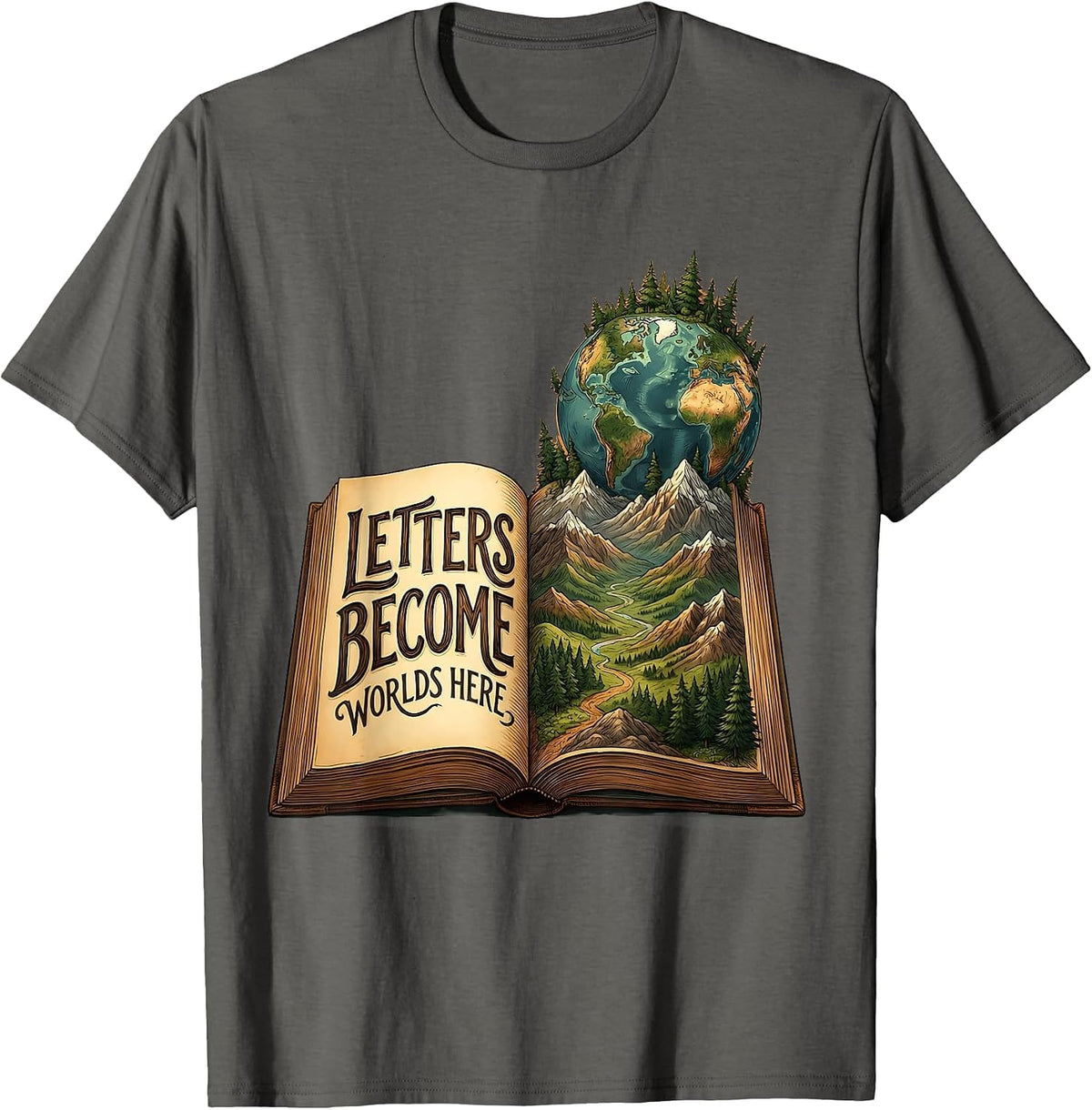 Letters Become Worlds Reading Teacher Design T-Shirt - Asphalt Grey