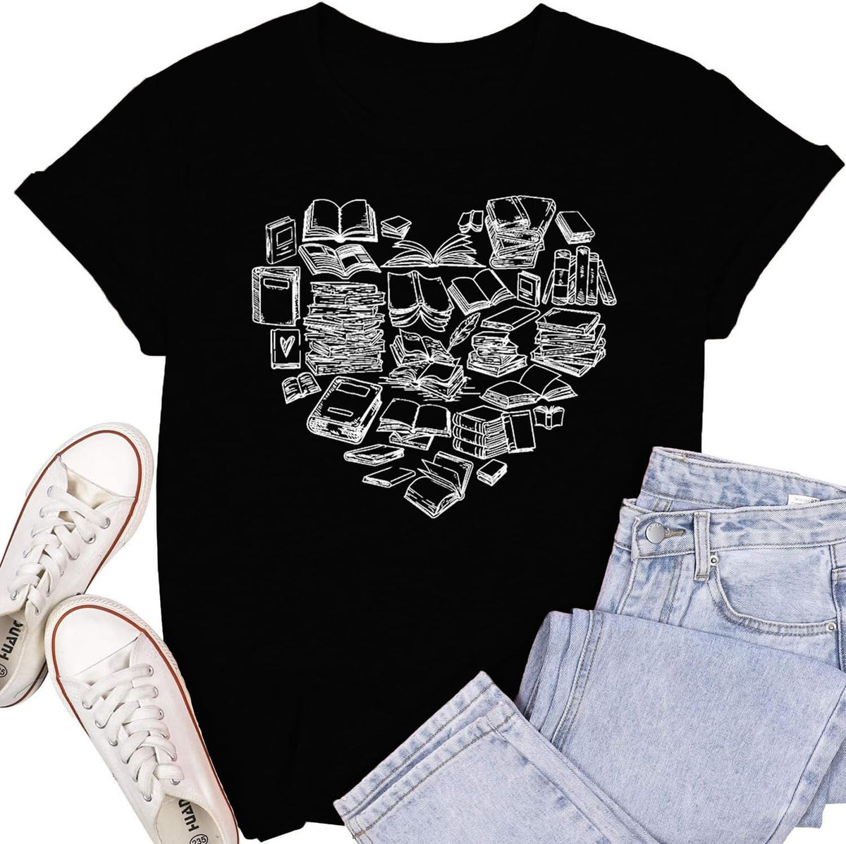 Womens Reading Shirts Book Lover Bookworms T-Shirt Book Heart Tops - Black