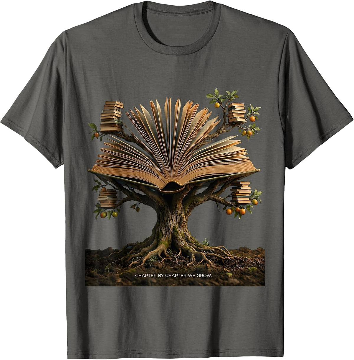 Chapter by Chapter We Grow Reading Teacher Design T-Shirt - Asphalt Grey