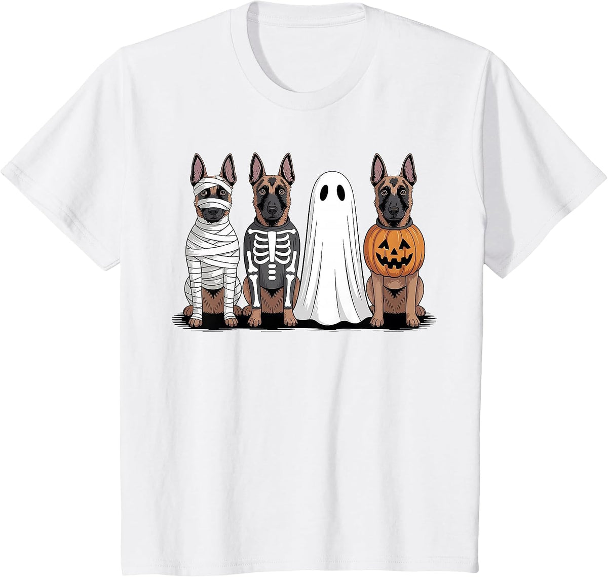 Spooky Ghost Belgian Malinois Pumpkin Halloween Dog Skeleton T-Shirt - White