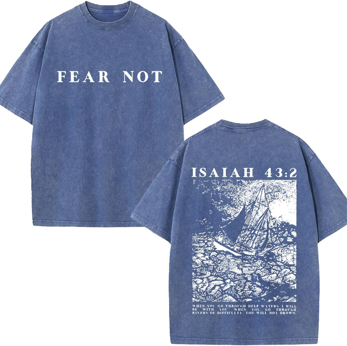 Vintage Christian T-Shirt, Isaiah 43:2 Fear Not Bible Verse Tee, Heavyweight Oversized Washed Streetwear - Royal Blue