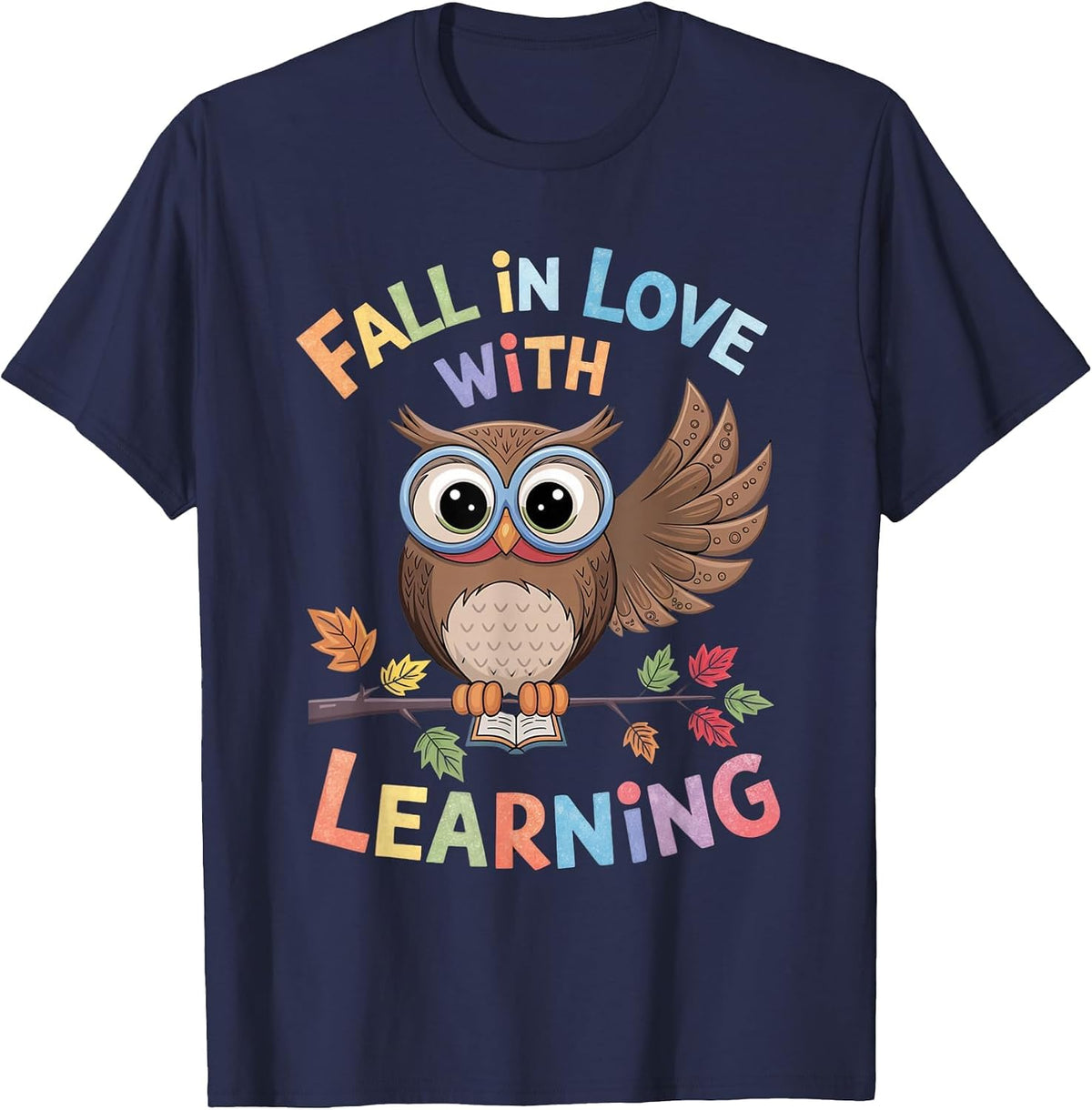 Fall in Love with Learning Owl Funny Thanksgiving Teacher T-Shirt - Navy Blue