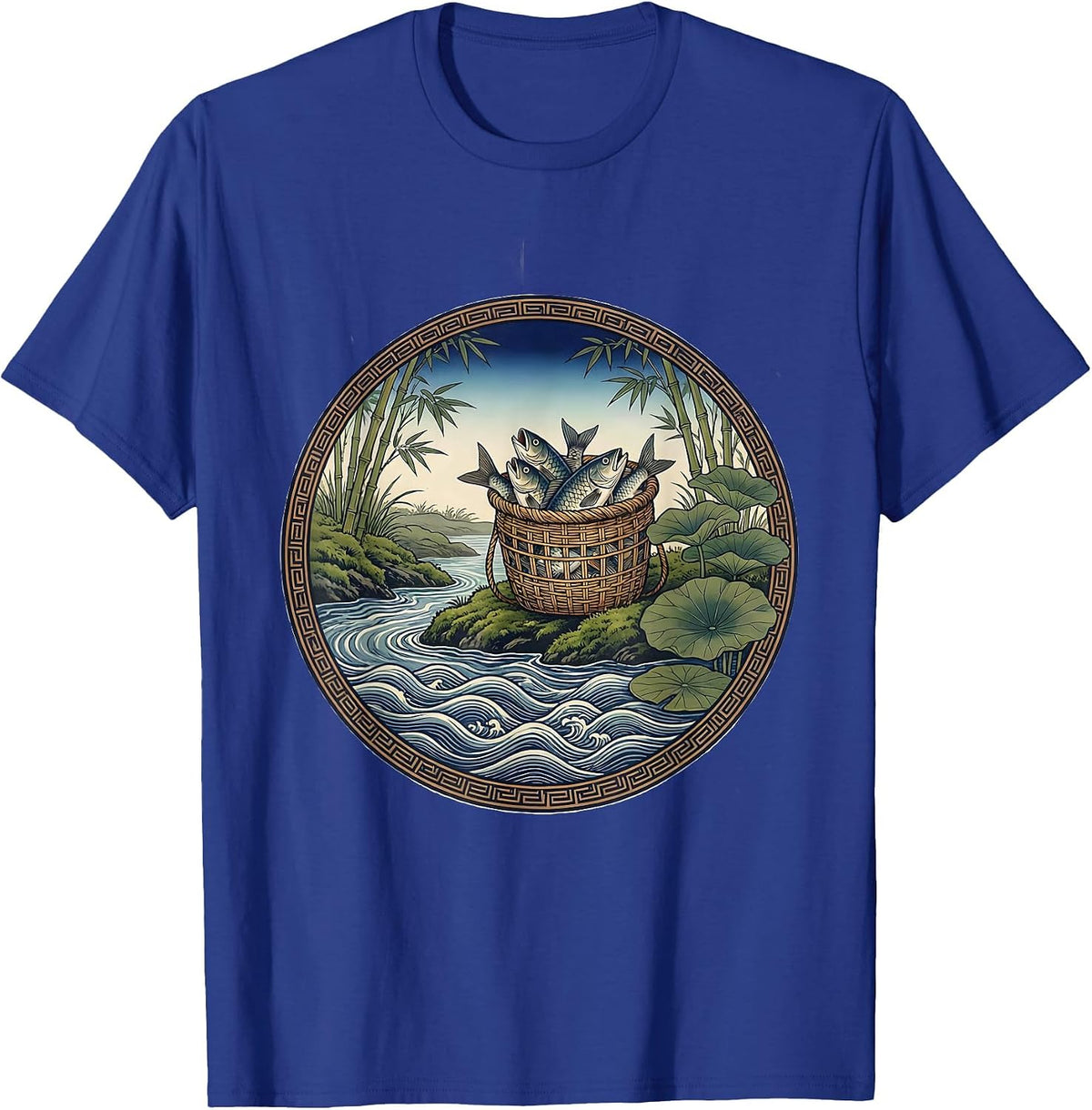 Men's Full Creel Basket on Mossy Bank Fishing Design T-Shirt - Royal Blue