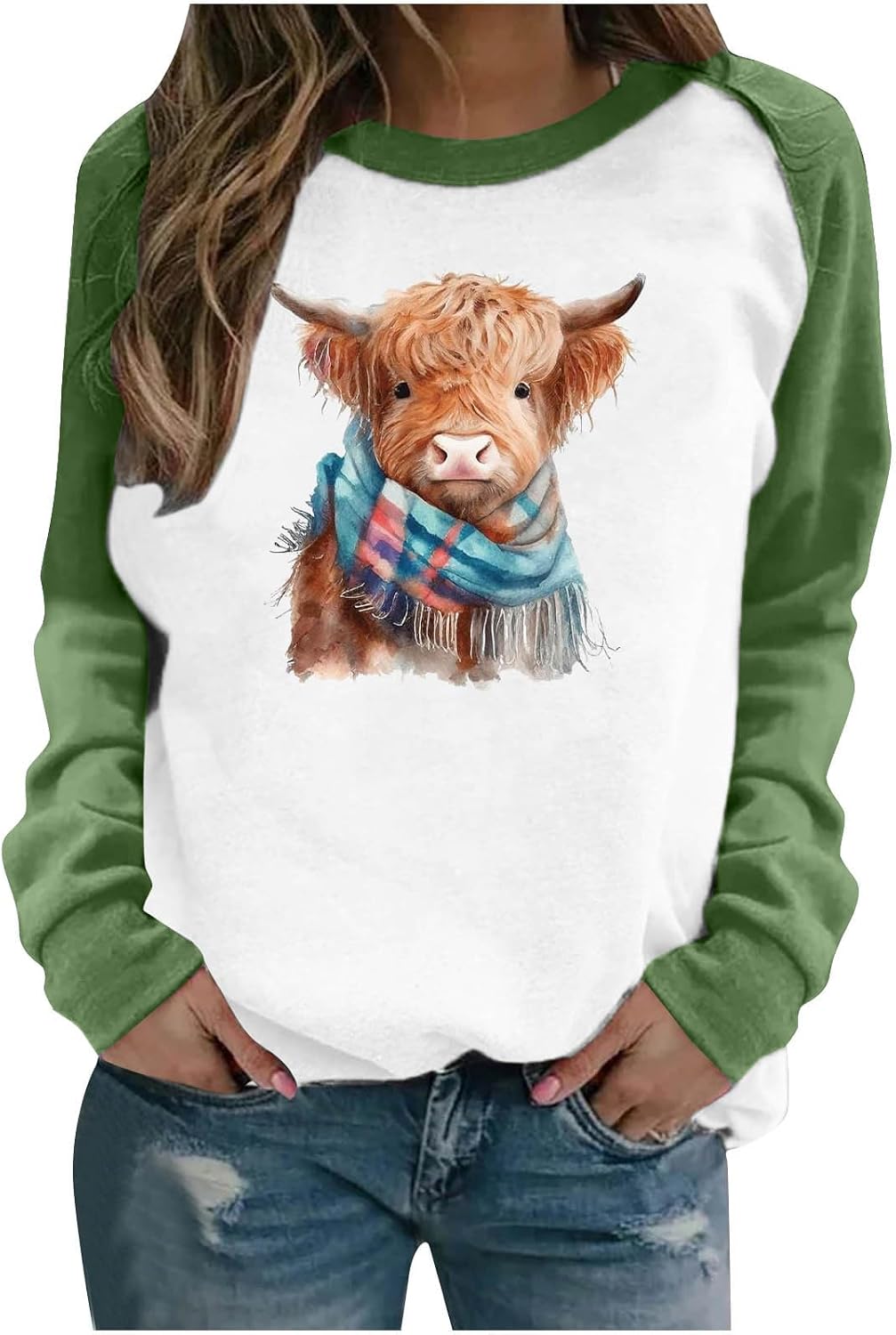 Womens Highland Cow Shirts Cute Animal Graphic Farm Pullover Sweatshirt Western Cowgirl Long Sleeve Casual Tops - Green