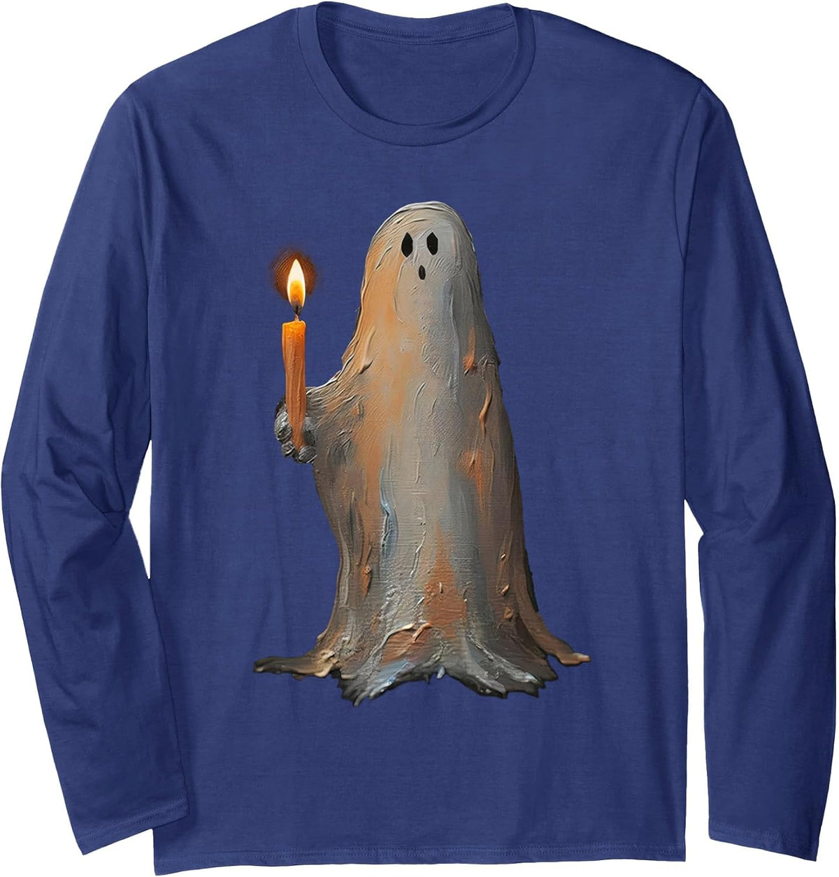 Halloween Ghost Holding Candle Spooky Long Sleeve T-Shirt - Adult Unisex Navy Blue