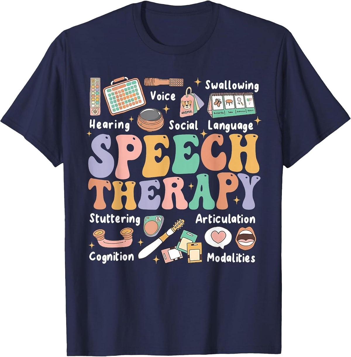 Speech Therapy Tee Retro Groovy Funny Therapist SLP AAC SLPA T-Shirt - Navy Blue