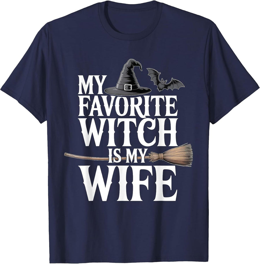 My Favorite Witch is My Wife Funny Halloween Husband Couple T-Shirt - Navy Blue