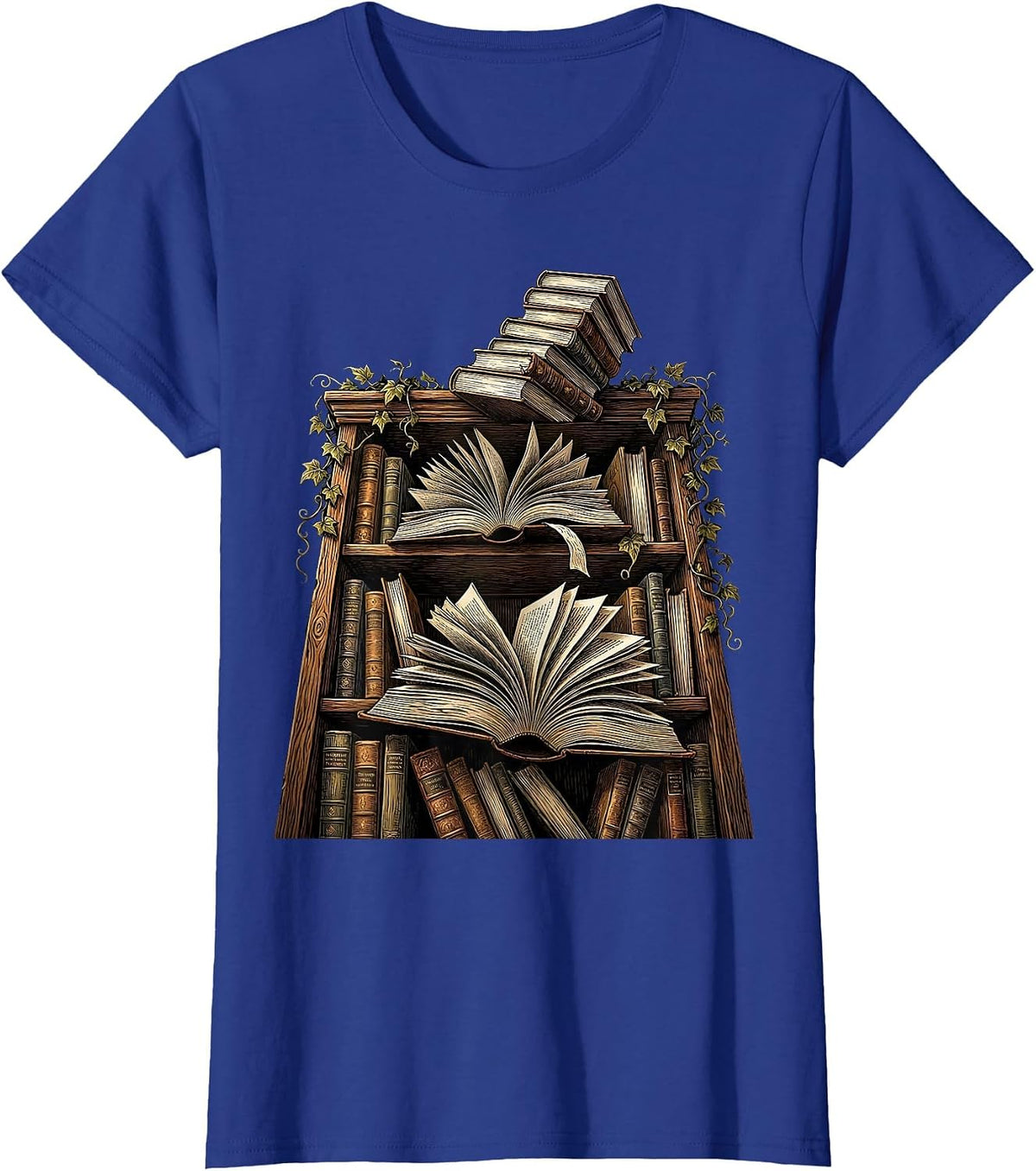 Women's Overflowing Bookshelf Illustration for Book Lovers T-Shirt - Royal Blue