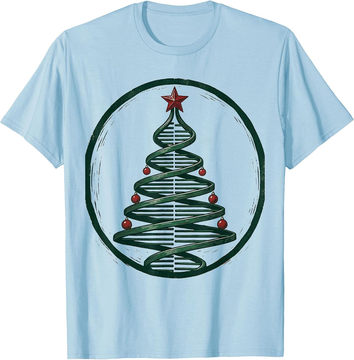 Men's DNA Helix Christmas Tree Linocut Science Teacher Humor T-Shirt - Baby Blue