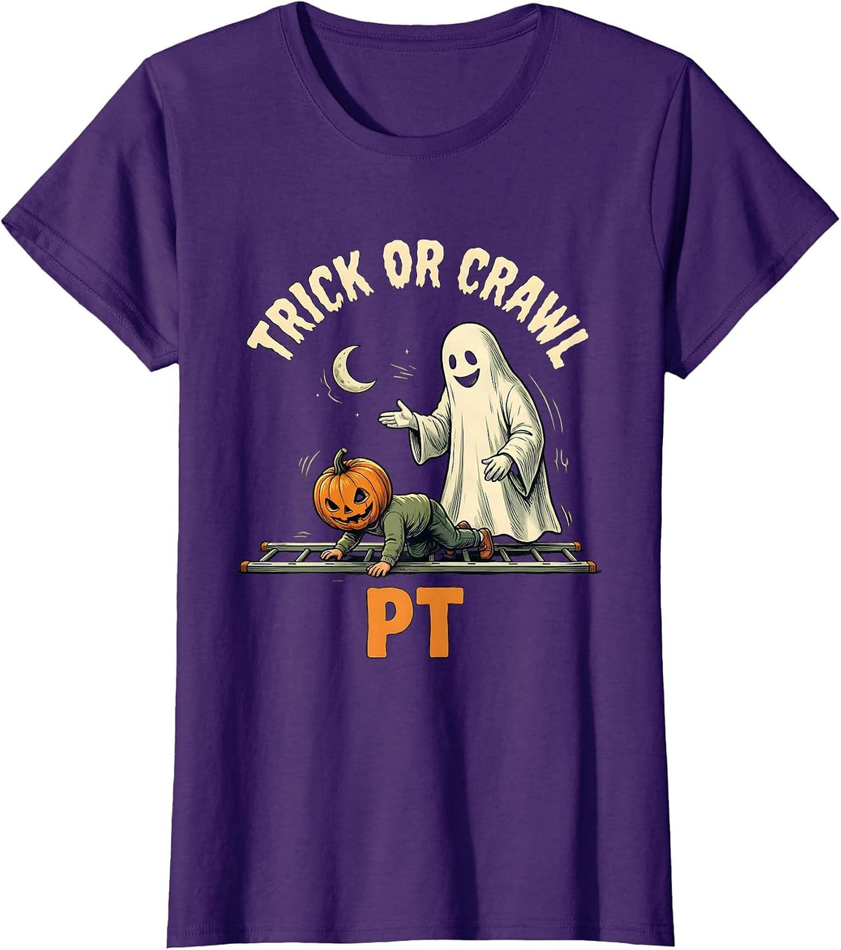 Women's Trick Or Crawl PT Funny Physical Therapy Halloween Ghost T-Shirt - Purple