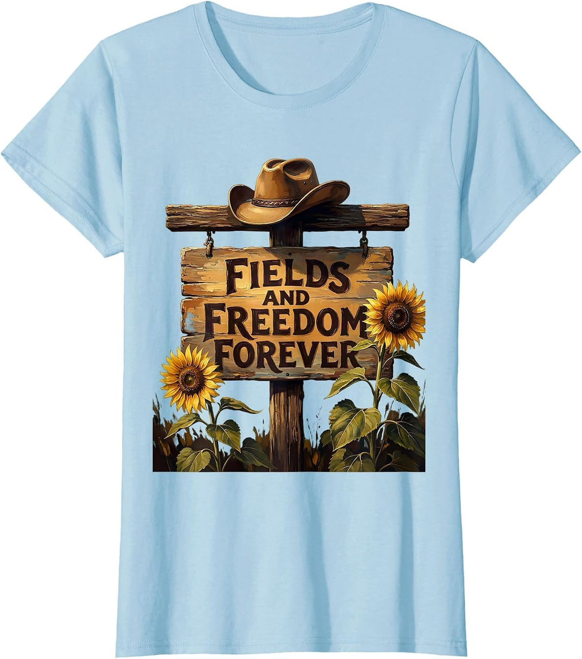 Women's Fields and Freedom Forever Cowgirl Design T-Shirt - Baby Blue