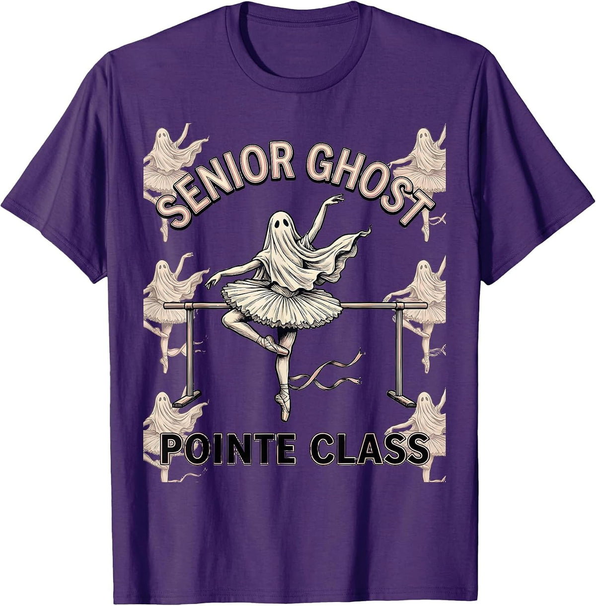 Men's Senior Ghost Pointe Class Whimsical Halloween Ballet Teacher T-Shirt - Purple