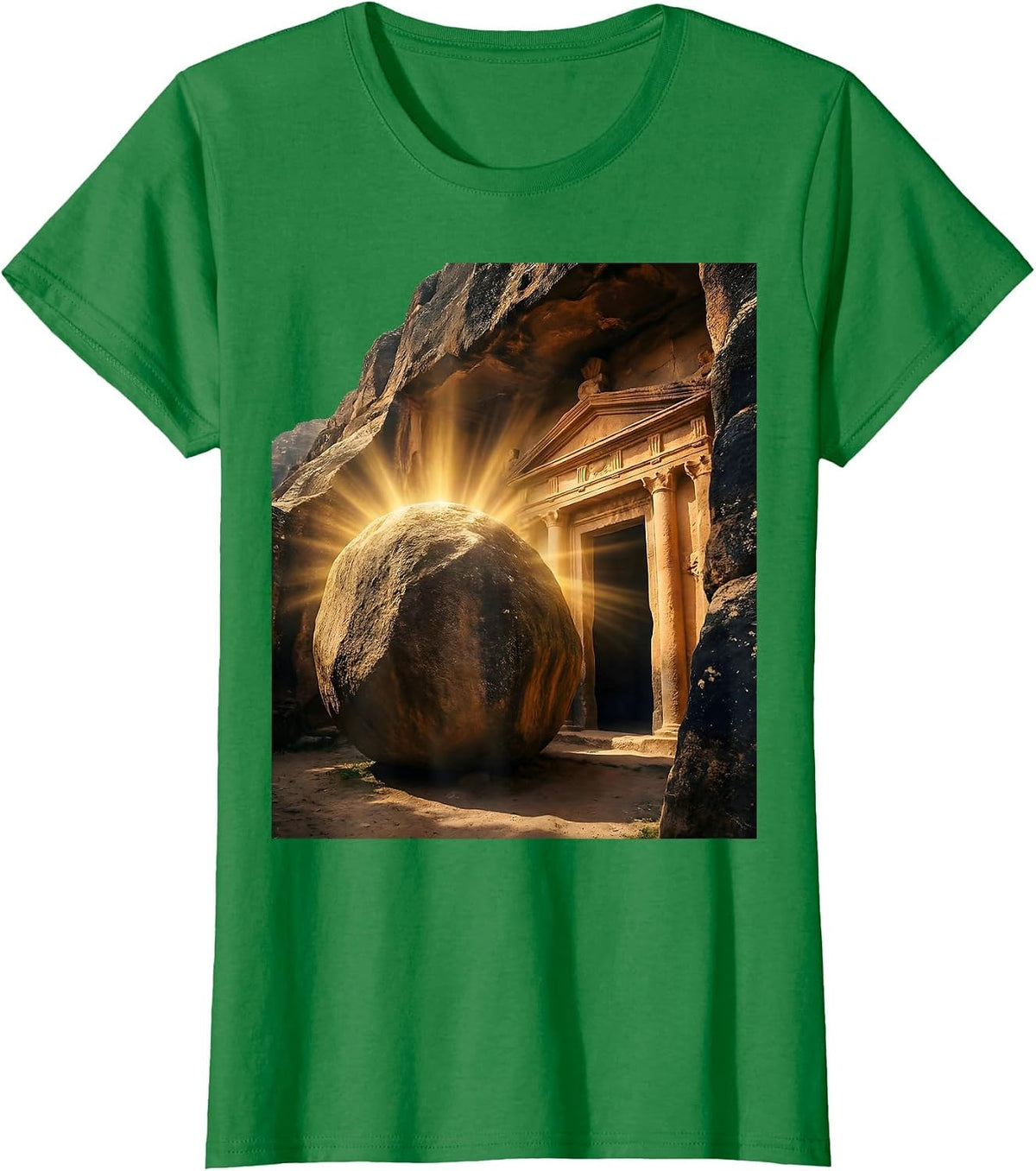 Women's Jesus Stone Tomb Sealed Boulder Illustration T-Shirt - Kelly Green