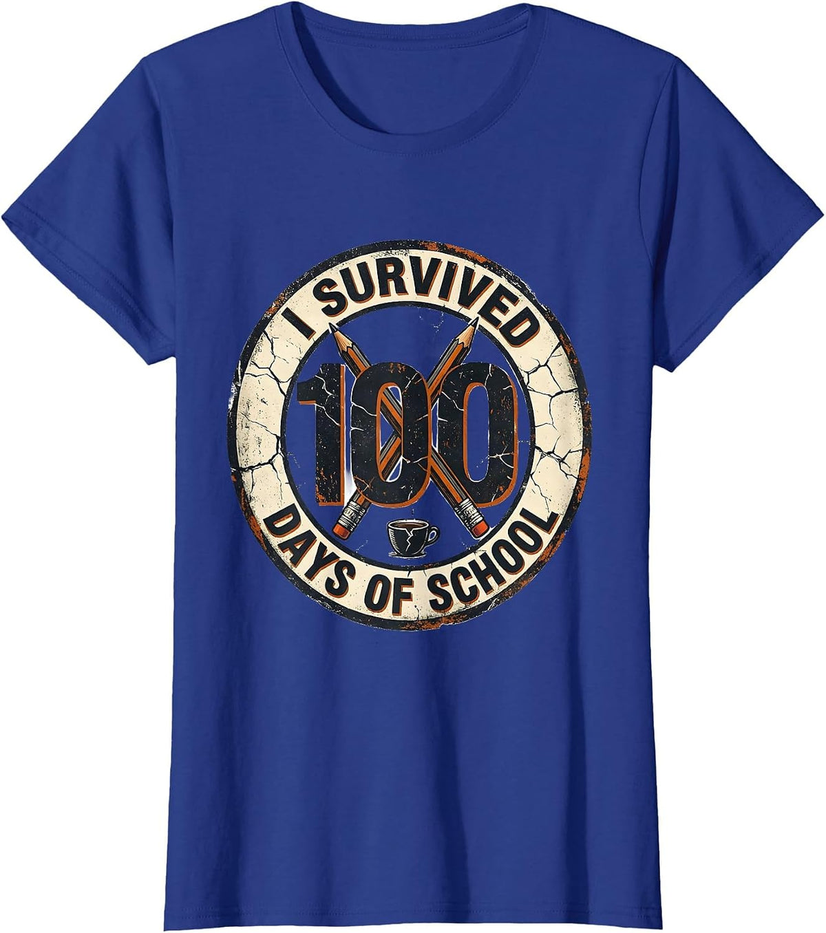 Women's I Survived 100 Days Of School Distressed Teacher Humor T-Shirt - Royal Blue