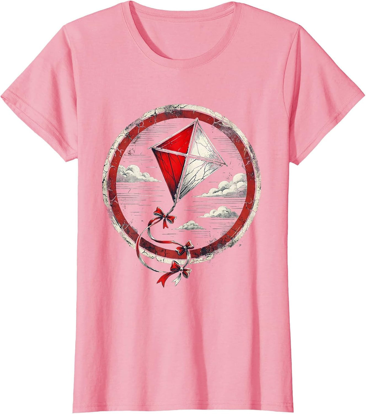 Women's Red White and Blue Kite in Summer Sky T-Shirt - Pink