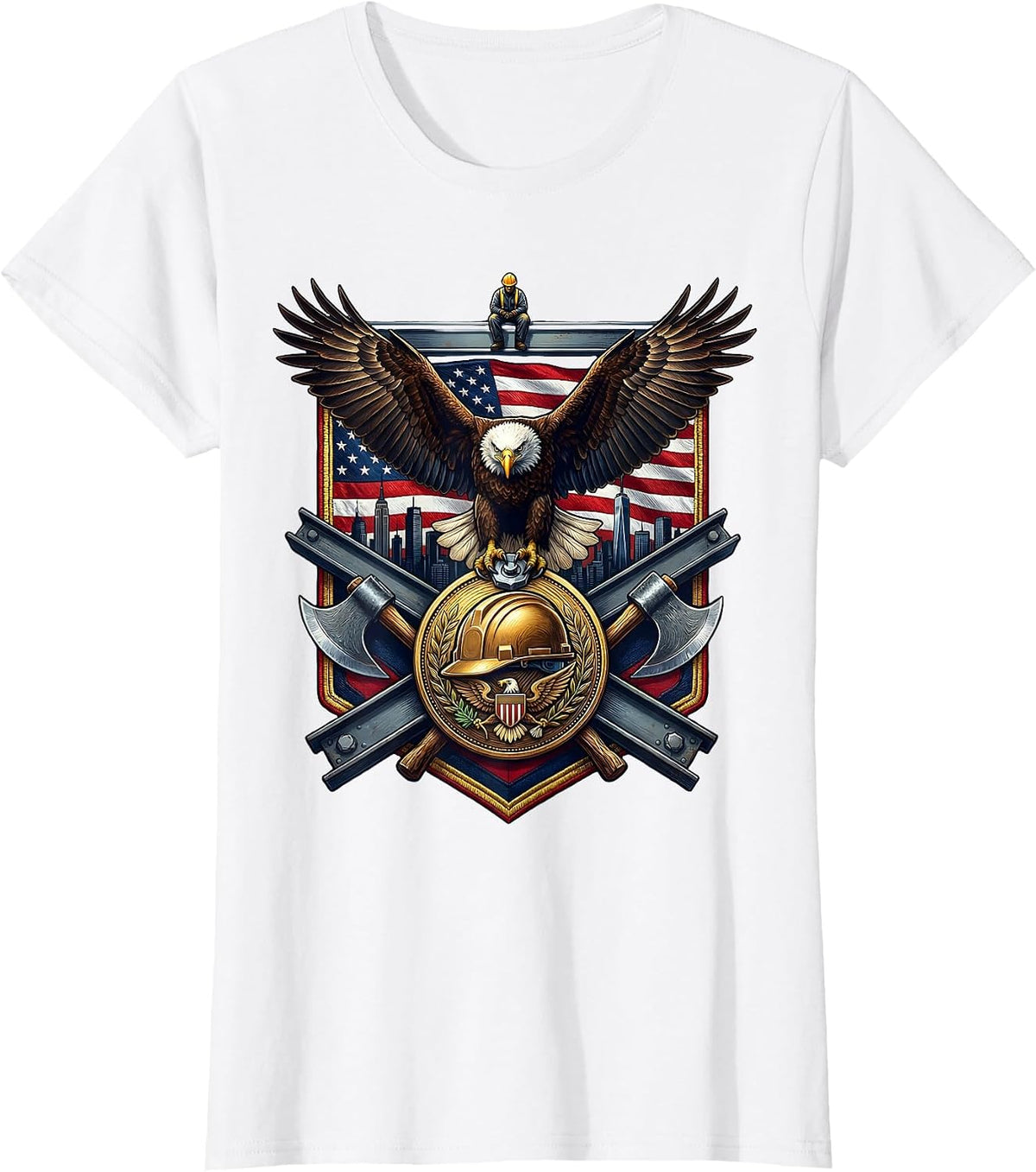 Construction Worker Steel Beam Skyline Graphic T-Shirt - White