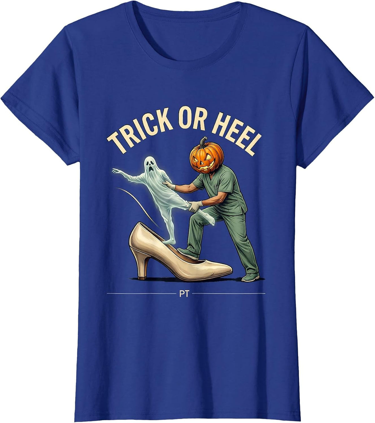 Women's Trick Or Heel PT Physical Therapy Halloween Ghost Therapist T-Shirt - Royal Blue