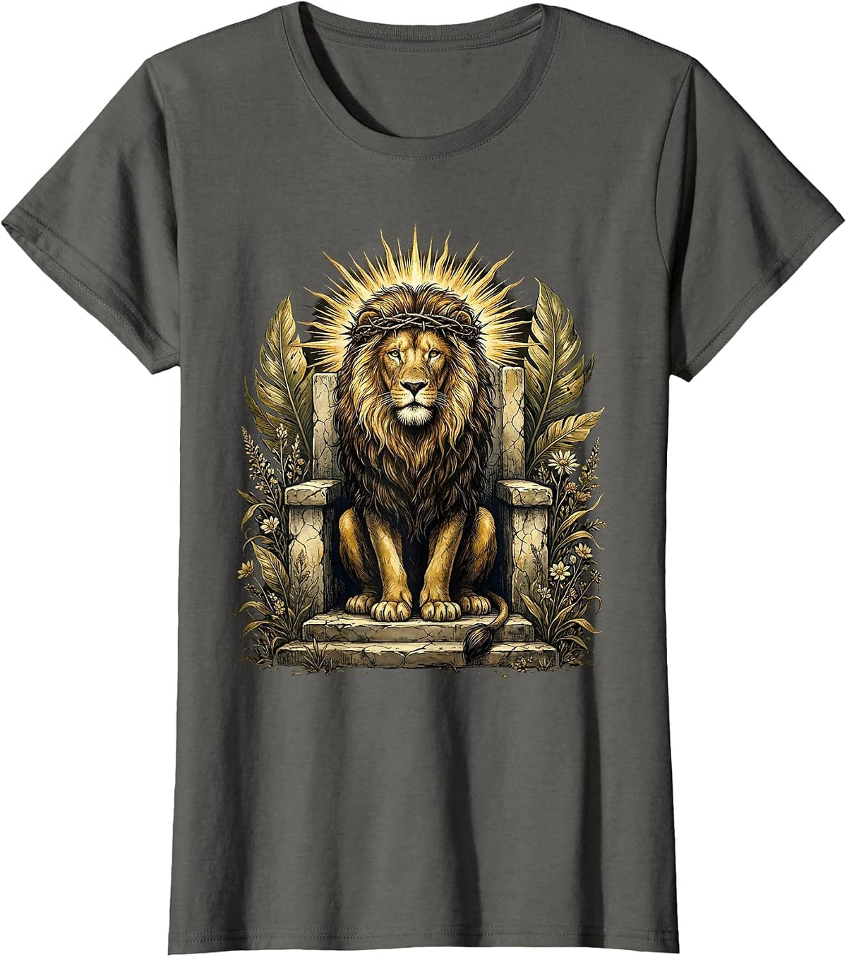 Women's Christ Is King Lion Thorned Crown Throne Design T-Shirt - Asphalt Grey