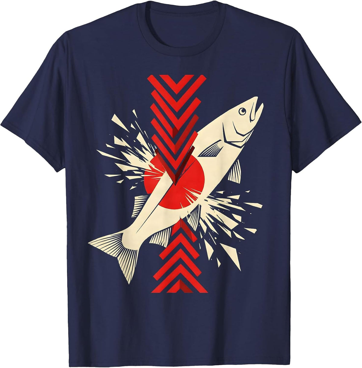 Salmon Leaping Upstream Waterfall Illustration T-Shirt - Navy Blue