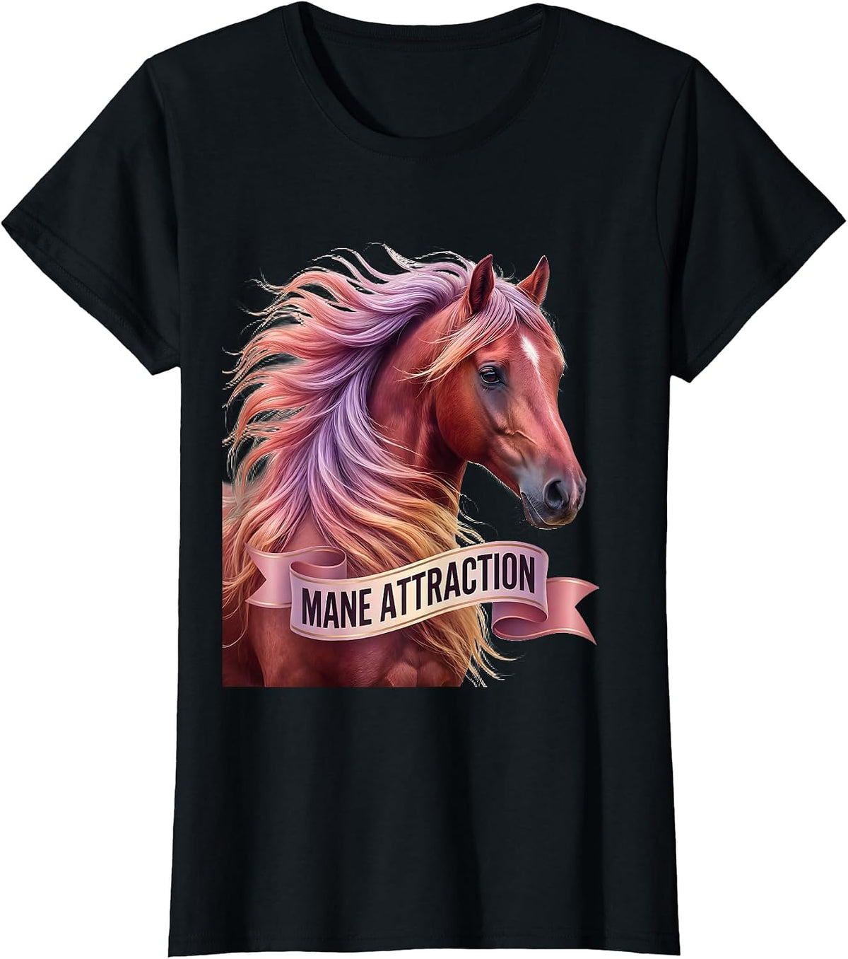 Women's Mane Attraction Horse Lover Graphic Design T-Shirt - Black