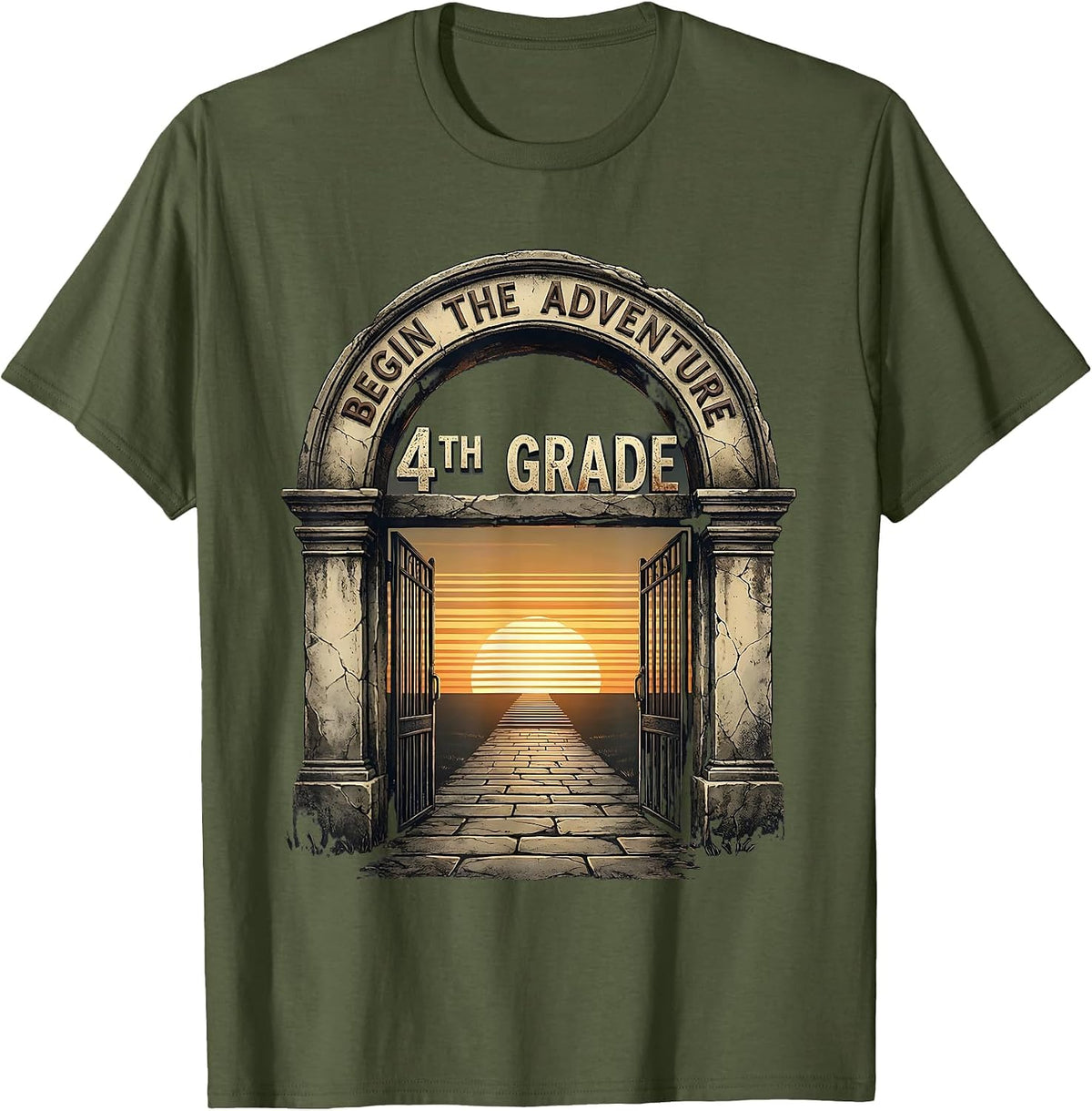 Men's Begin The Adventure 4th Grade Distressed Back To School T-Shirt - Olive Green