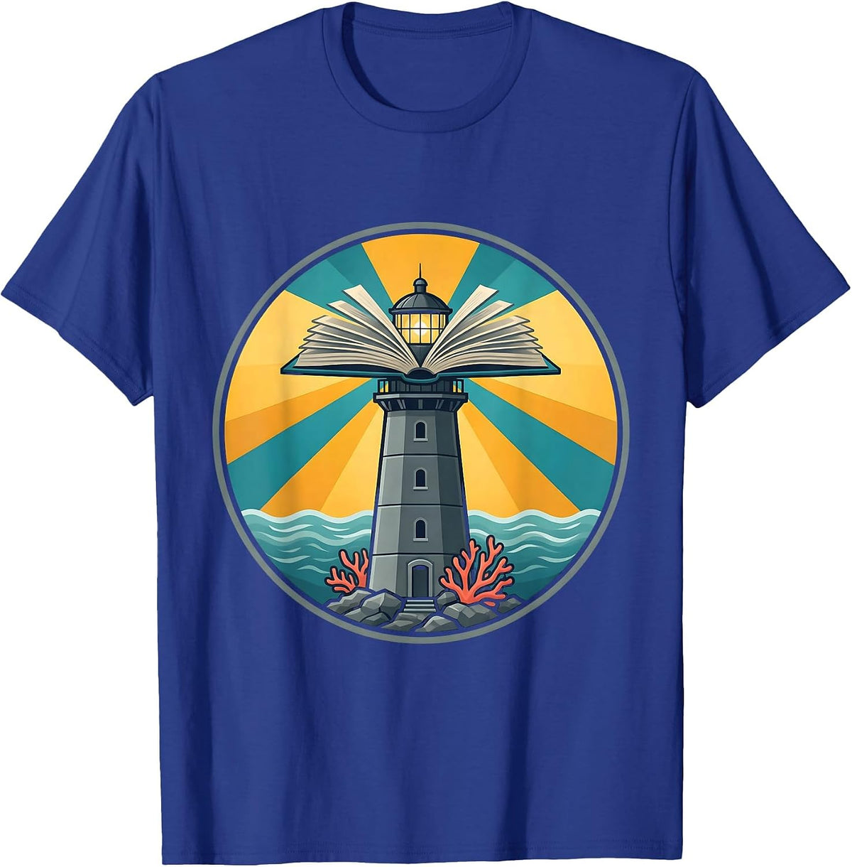 Reading Teacher Lighthouse Open Book Graphic T-Shirt - Royal Blue
