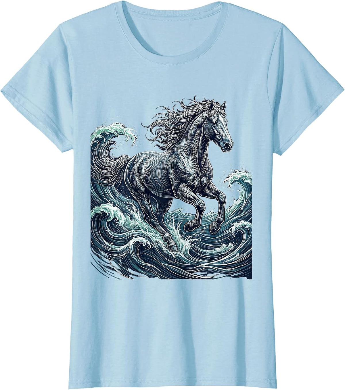 Horse Galloping Through Ocean Waves Graphic T-Shirt - Baby Blue