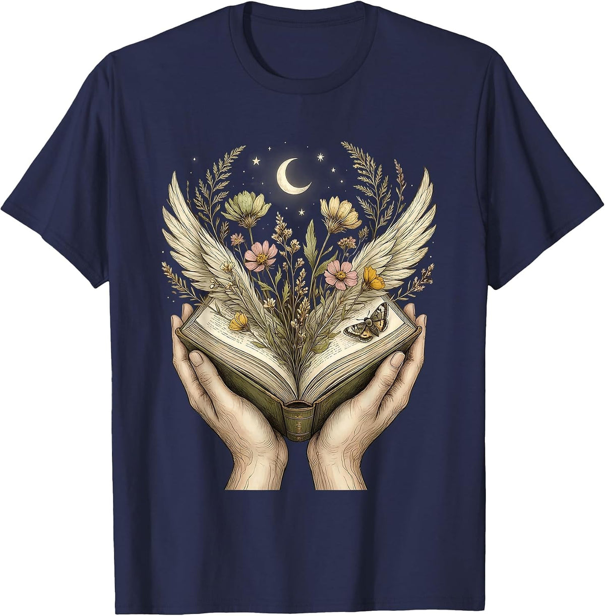 Reading Teacher Hands Cradling Open Book Illustration T-Shirt - Navy Blue