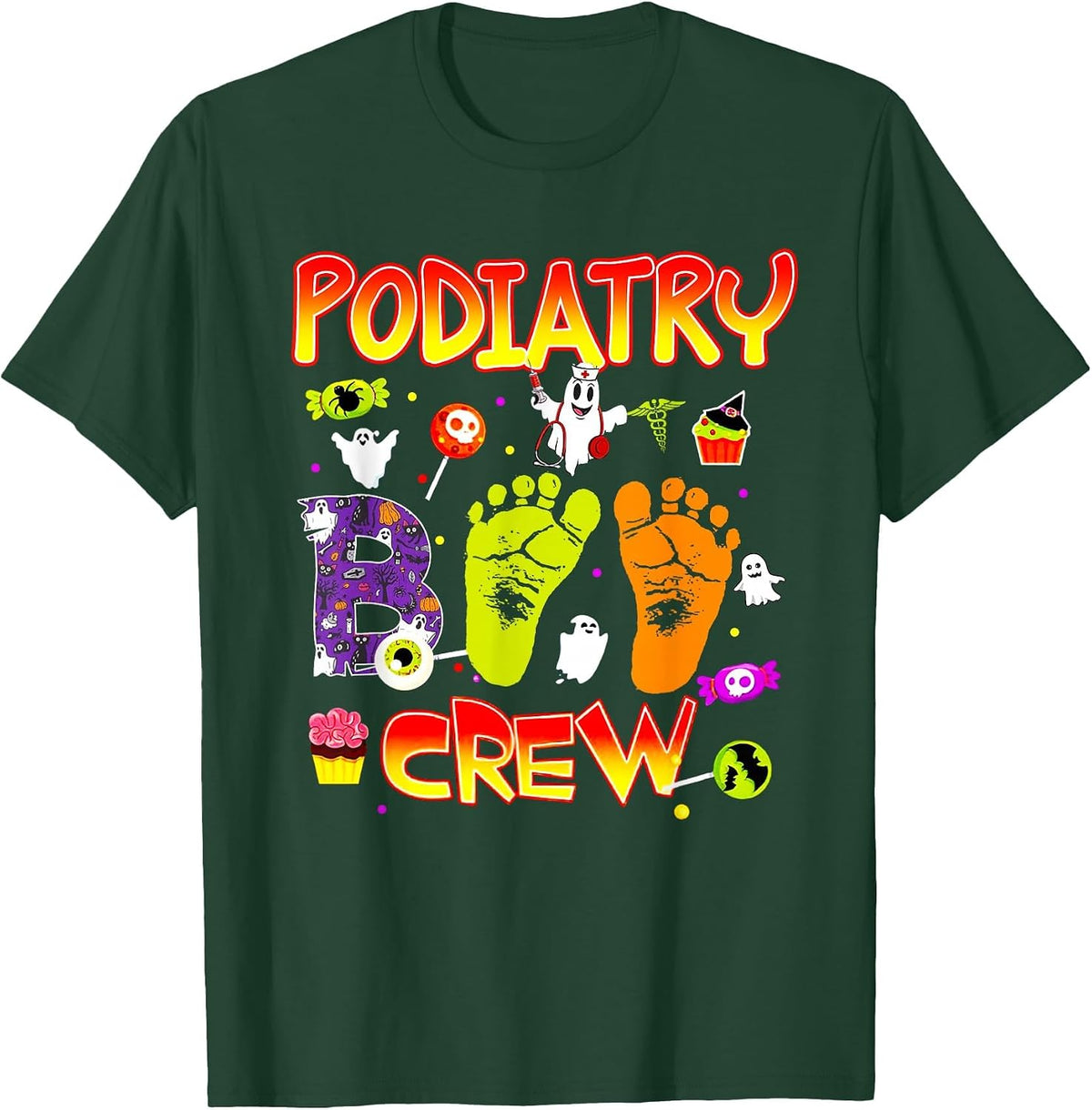 Podiatry Boo Crew Funny Ghost Footprint Halloween Spooky T-Shirt - Dark Green